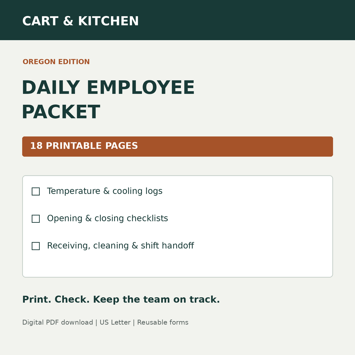Cart & Kitchen Daily Employee Packet printable Oregon edition