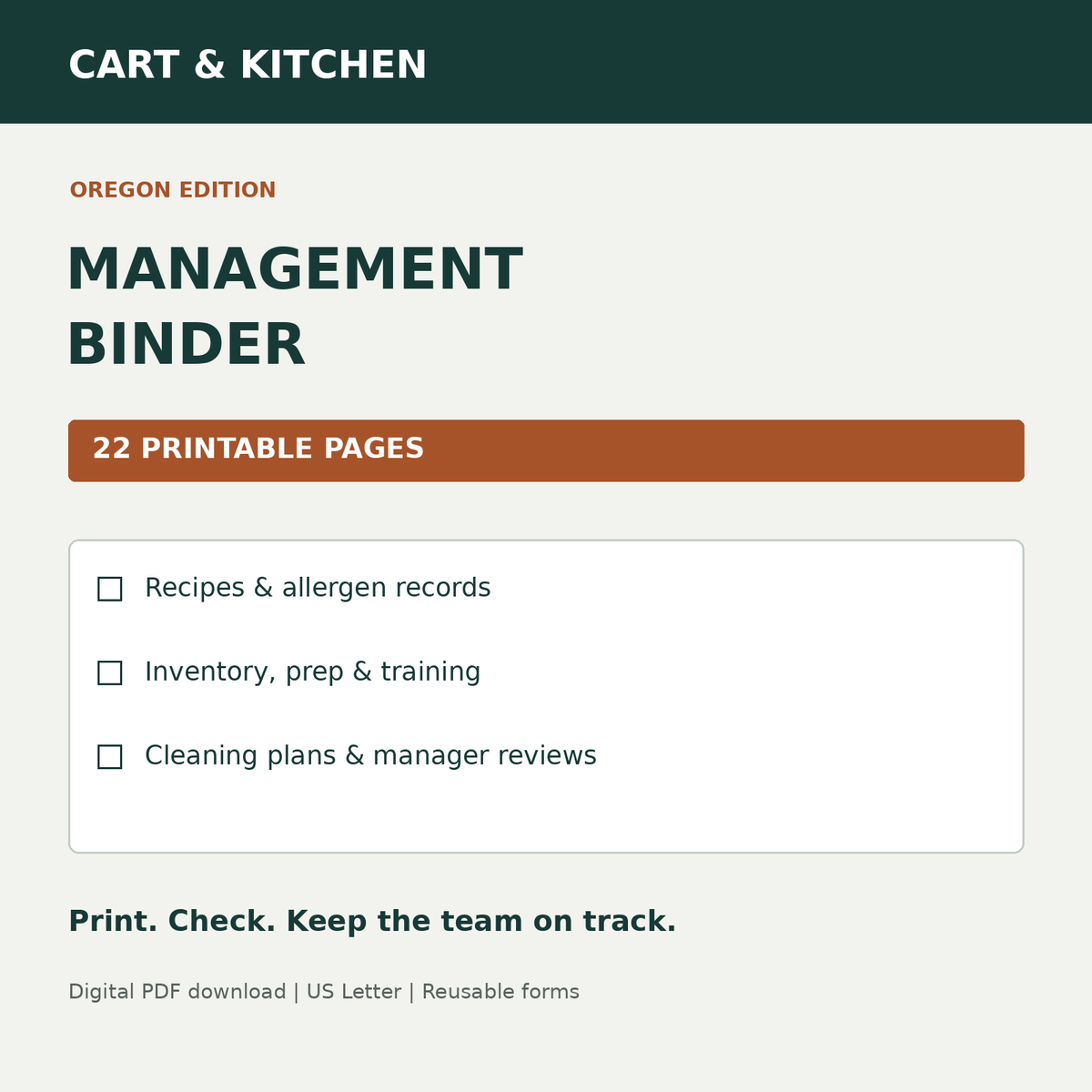 Cart & Kitchen Management Binder printable Oregon edition