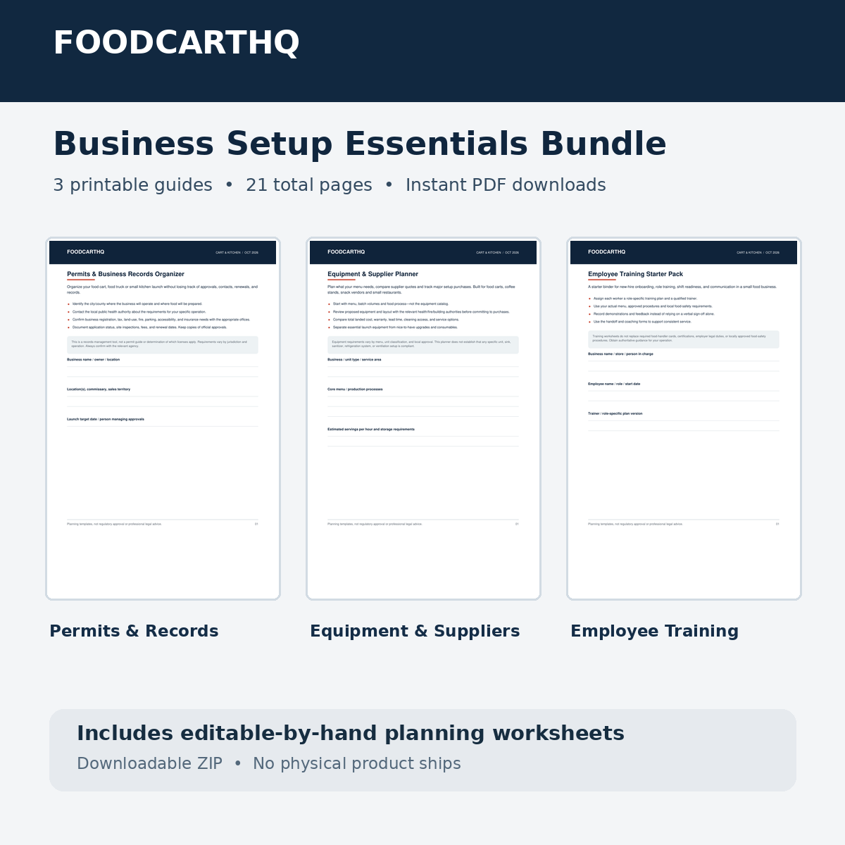 FoodcartHQ Business Setup Essentials Bundle: permits organizer, equipment planner and employee training PDF guides