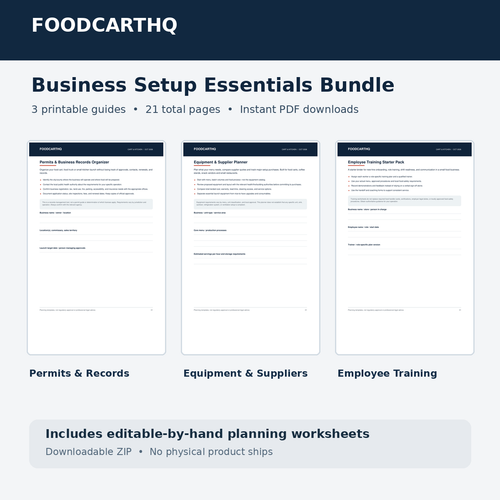 FoodcartHQ Business Setup Essentials Bundle: permits organizer, equipment planner and employee training PDF guides