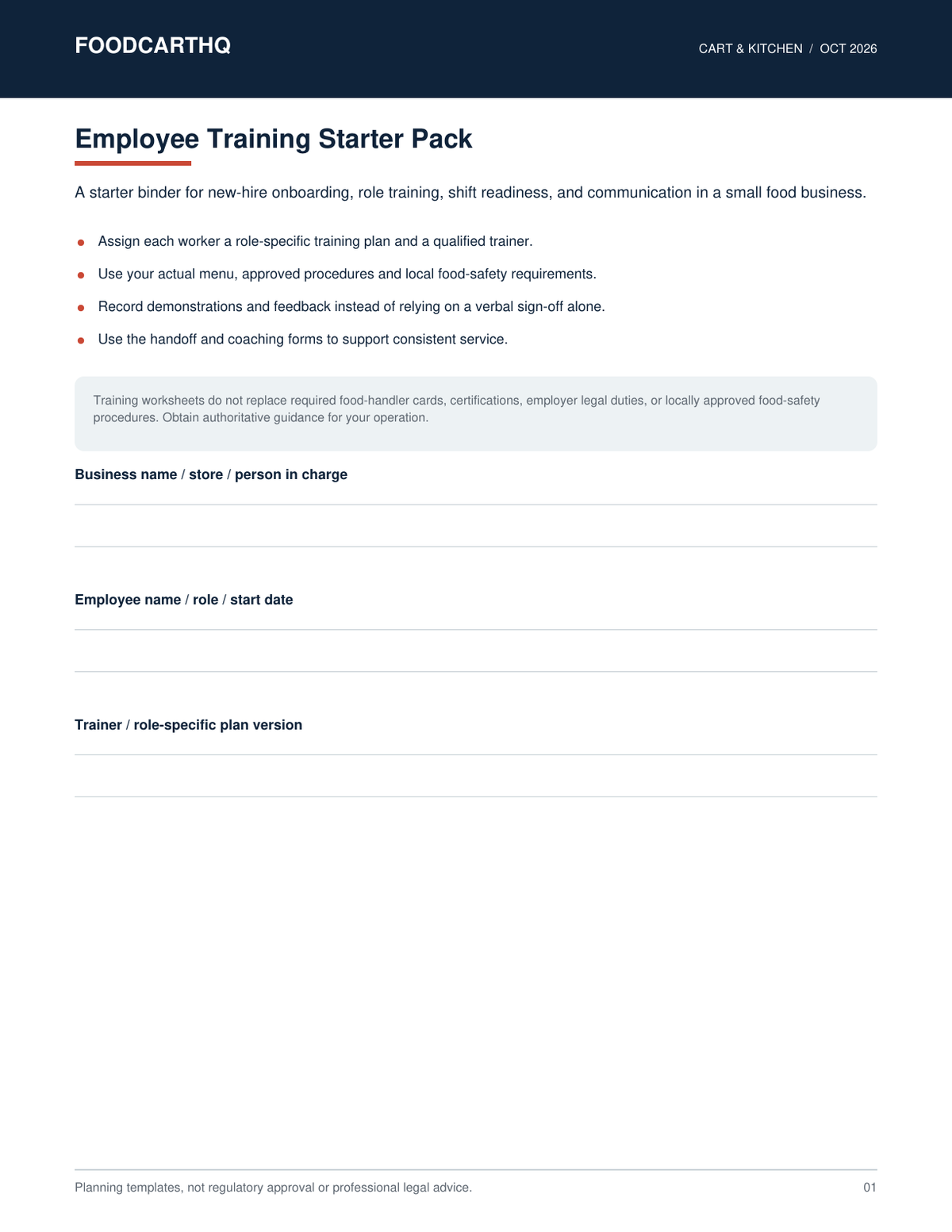 FoodcartHQ Employee Training Starter Pack — printable training checklists and logs