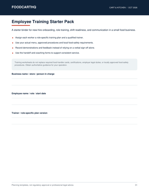 FoodcartHQ Employee Training Starter Pack — printable training checklists and logs