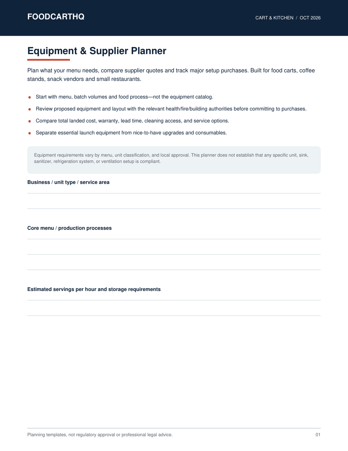 FoodcartHQ Equipment and Supplier Planner — printable food cart planning workbook