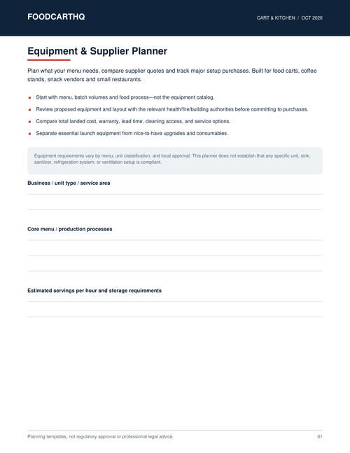 FoodcartHQ Equipment and Supplier Planner — printable food cart planning workbook