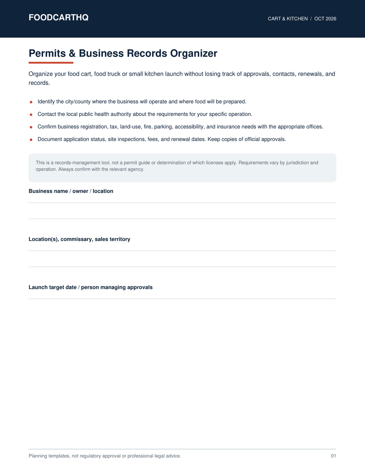 FoodcartHQ Permits and Business Records Organizer — printable planning templates