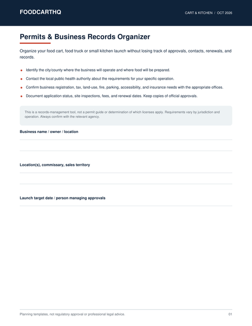 FoodcartHQ Permits and Business Records Organizer — printable planning templates